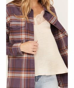 Cleo + Wolf Women's Plaid Print Oversized Long Sleeve Flannel Button-Down Shirt Violet -Cleo & Wolf Shop 2000374827 560 P3