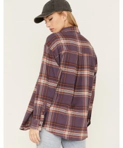 Cleo + Wolf Women's Plaid Print Oversized Long Sleeve Flannel Button-Down Shirt Violet -Cleo & Wolf Shop 2000374827 560 P4