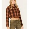 Cleo + Wolf Women's Plaid Print Cropped Shirt Brown