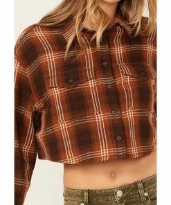 Cleo + Wolf Women's Plaid Print Cropped Shirt Brown -Cleo & Wolf Shop 2000374829 200 P3