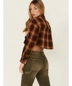 Cleo + Wolf Women's Plaid Print Cropped Shirt Brown -Cleo & Wolf Shop 2000374829 200 P4