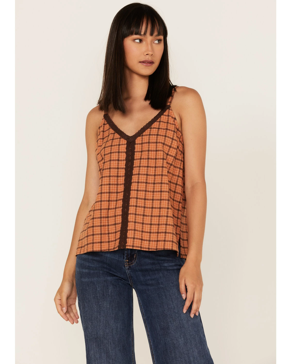 Cleo + Wolf Women's Plaid Print Flannel Tank Top Cognac 5 Cleo + Wolf Women's Plaid Print Flannel Tank Top Cognac - Image 5