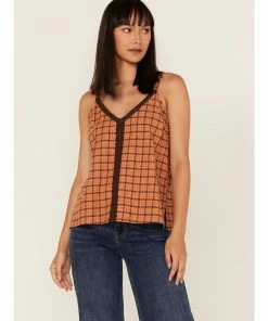 Cleo + Wolf Women's Plaid Print Flannel Tank Top Cognac
