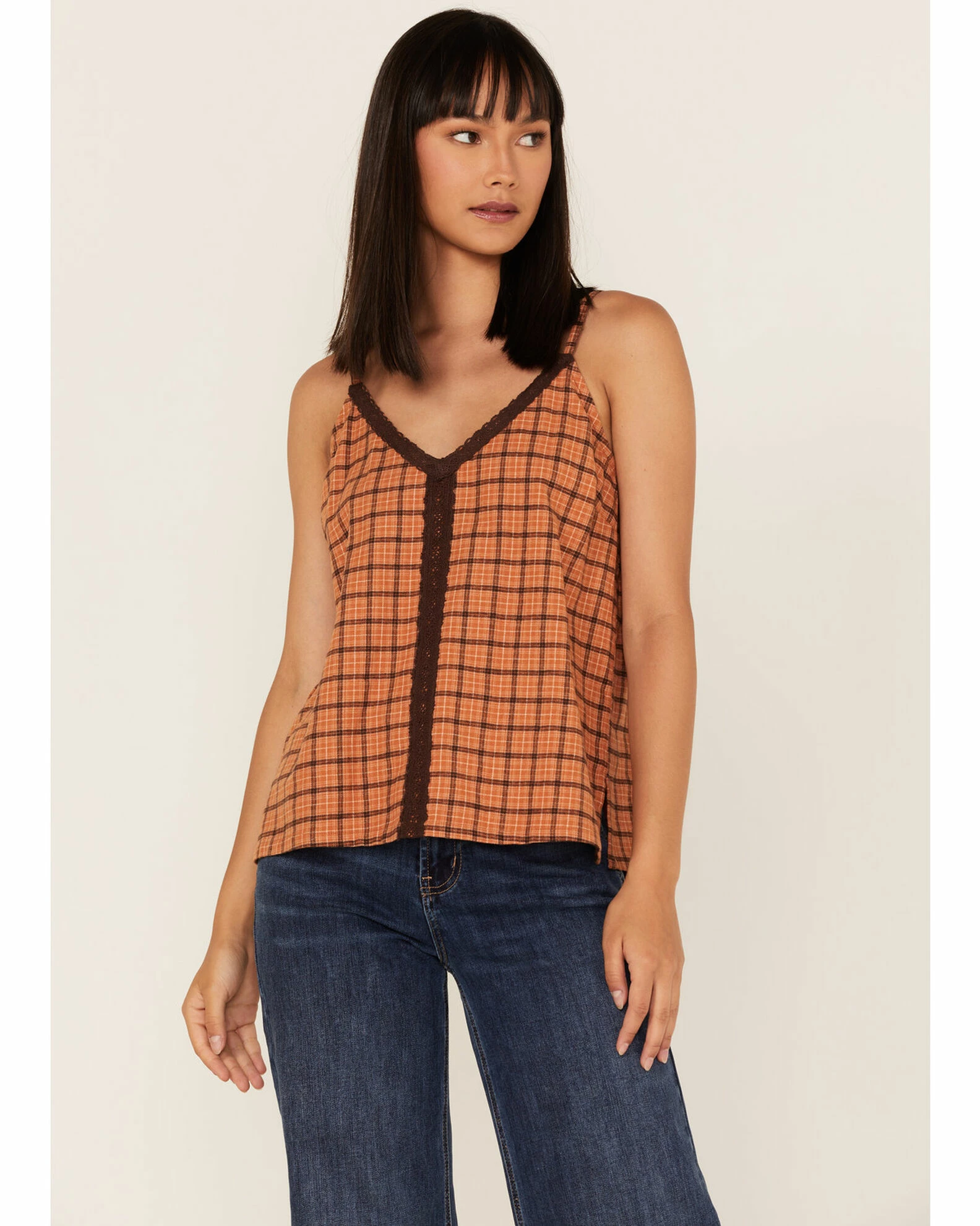 Cleo + Wolf Women's Plaid Print Flannel Tank Top Cognac 1 Cleo + Wolf Women's Plaid Print Flannel Tank Top Cognac