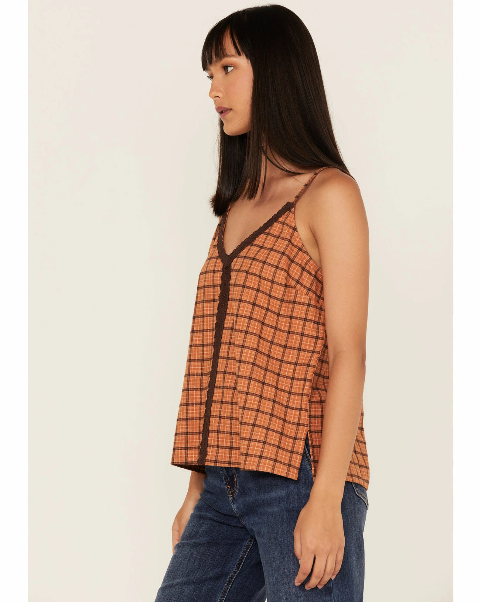 Cleo + Wolf Women's Plaid Print Flannel Tank Top Cognac 2 Cleo + Wolf Women's Plaid Print Flannel Tank Top Cognac - Image 2