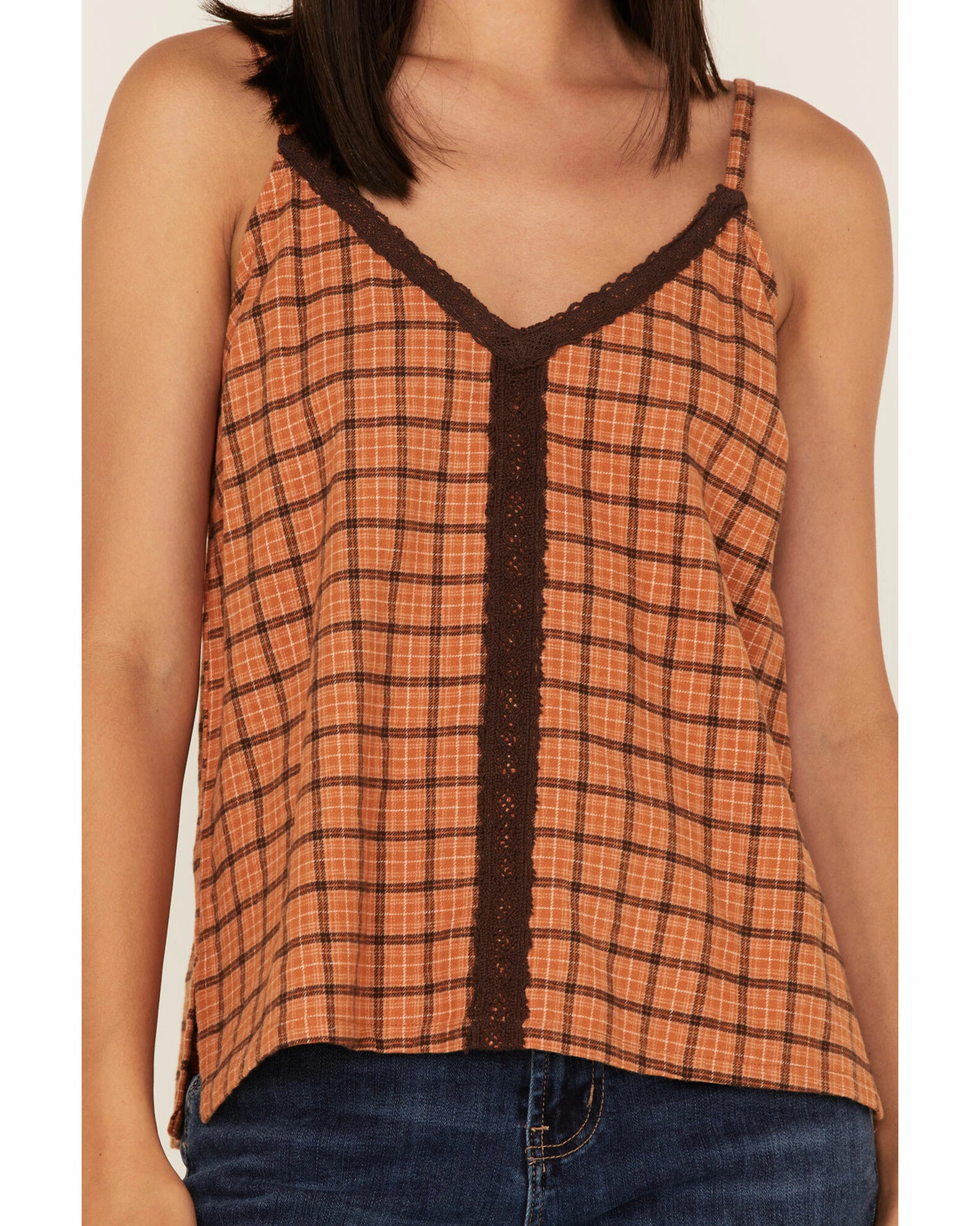 Cleo + Wolf Women's Plaid Print Flannel Tank Top Cognac 3 Cleo + Wolf Women's Plaid Print Flannel Tank Top Cognac - Image 3