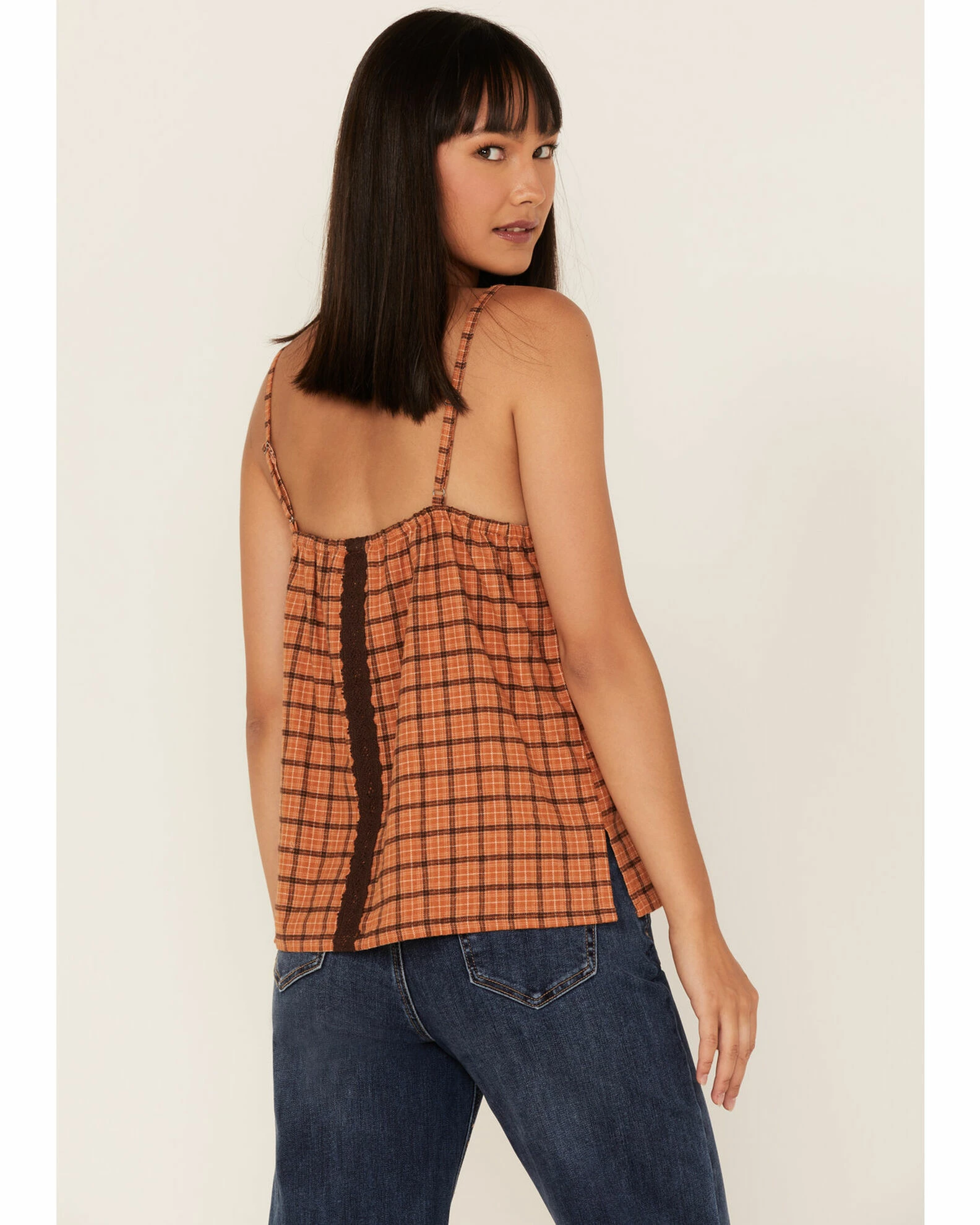 Cleo + Wolf Women's Plaid Print Flannel Tank Top Cognac 4 Cleo + Wolf Women's Plaid Print Flannel Tank Top Cognac - Image 4