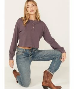 Cleo + Wolf Women's Boxy Boyfriend Long Sleeve Henley Shirt Violet -Cleo & Wolf Shop 2000375737 560 P1 1