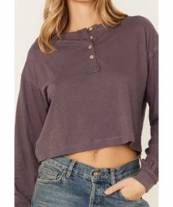 Cleo + Wolf Women's Boxy Boyfriend Long Sleeve Henley Shirt Violet -Cleo & Wolf Shop 2000375737 560 P3