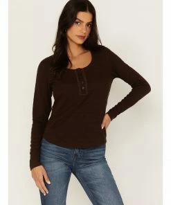 Cleo + Wolf Women's Long Sleeve Henley Top Chocolate -Cleo & Wolf Shop 2000380764 240 P1 1