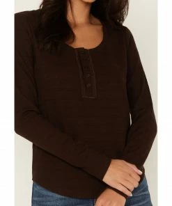 Cleo + Wolf Women's Long Sleeve Henley Top Chocolate -Cleo & Wolf Shop 2000380764 240 P3