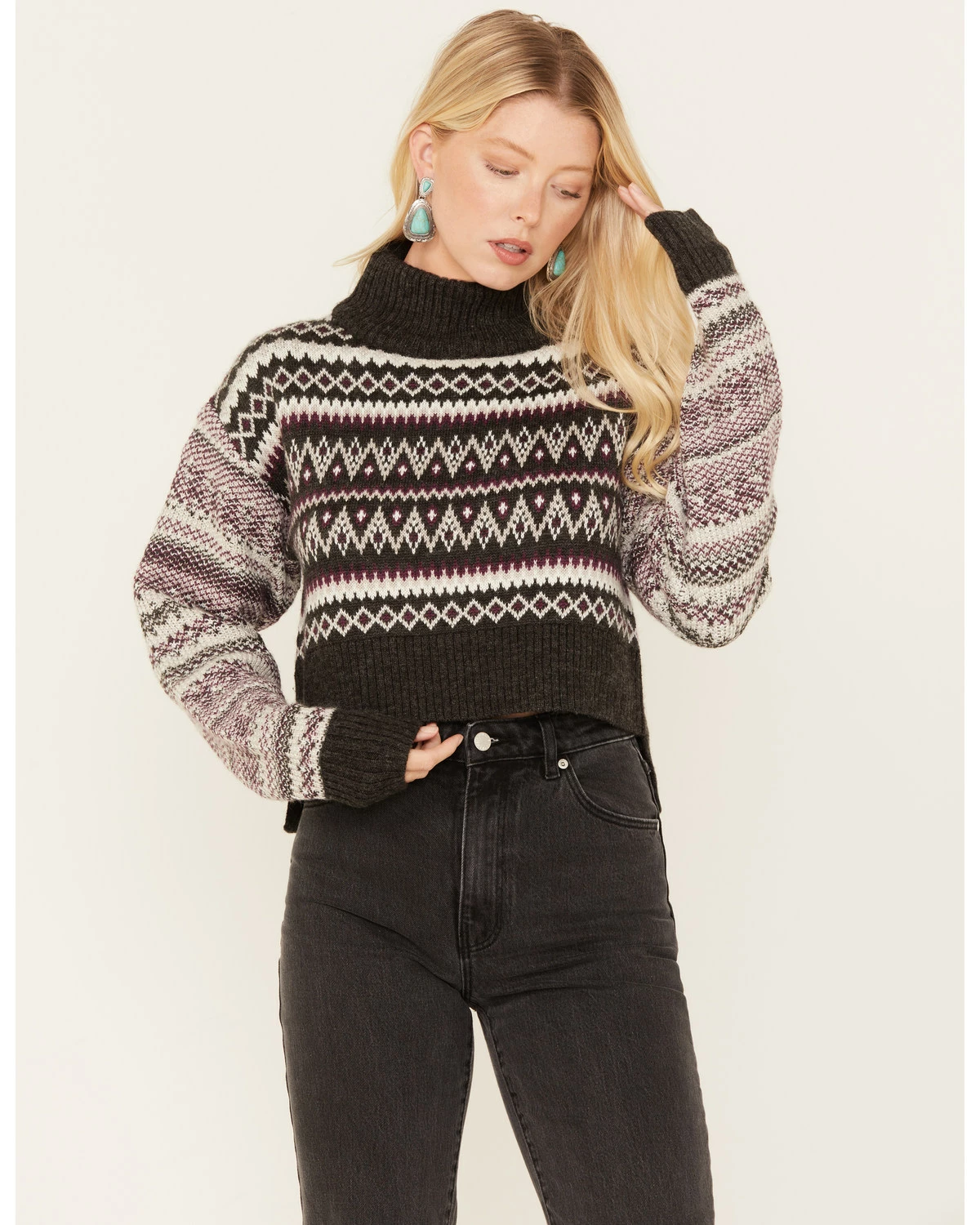 Cleo + Wolf Women's Fair Isle Stripe Knit Cropped Sweater Dark Grey 5 Cleo + Wolf Women's Fair Isle Stripe Knit Cropped Sweater Dark Grey - Image 5