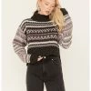 Cleo + Wolf Women's Fair Isle Stripe Knit Cropped Sweater Dark Grey