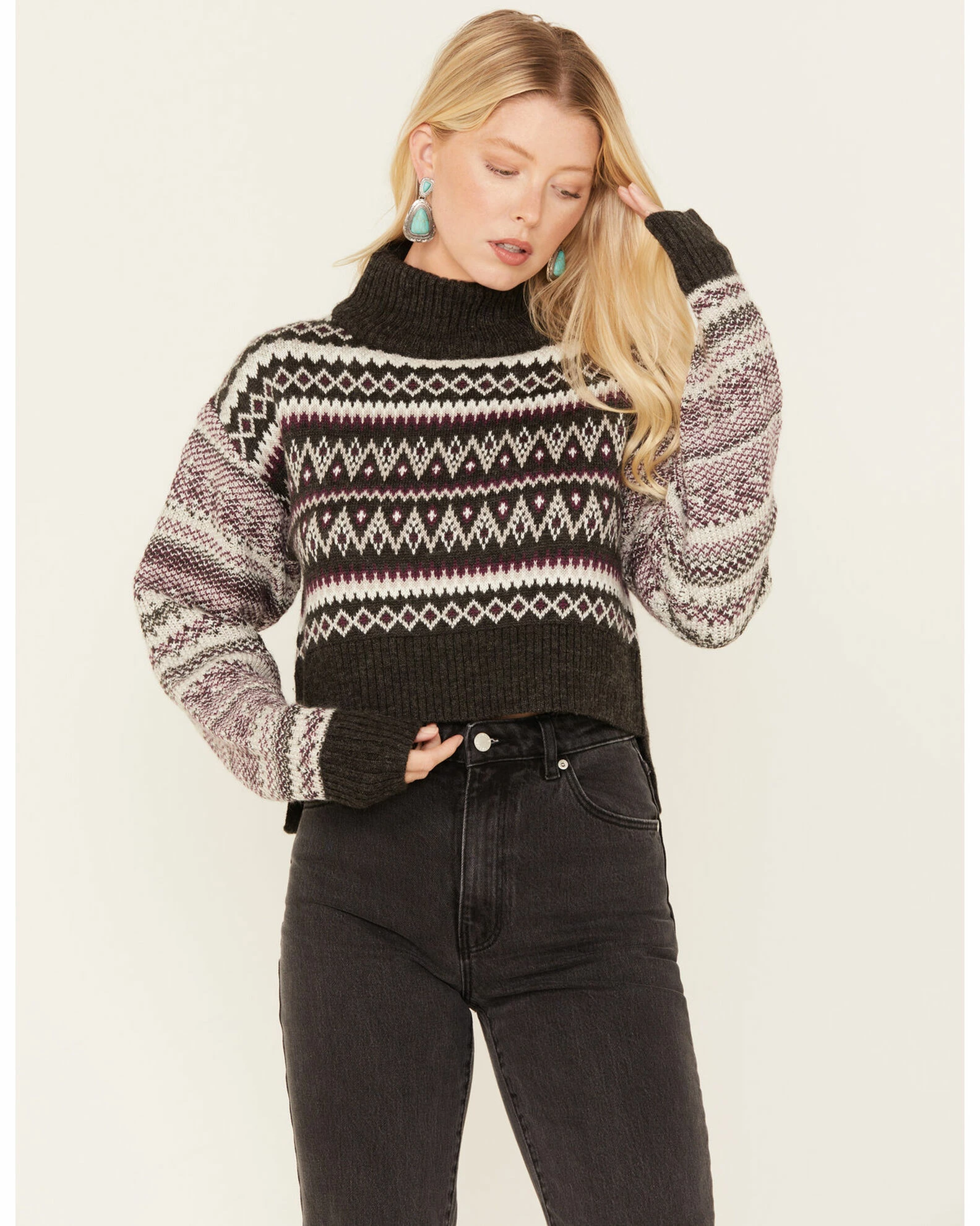 Cleo + Wolf Women's Fair Isle Stripe Knit Cropped Sweater Dark Grey 1 Cleo + Wolf Women's Fair Isle Stripe Knit Cropped Sweater Dark Grey