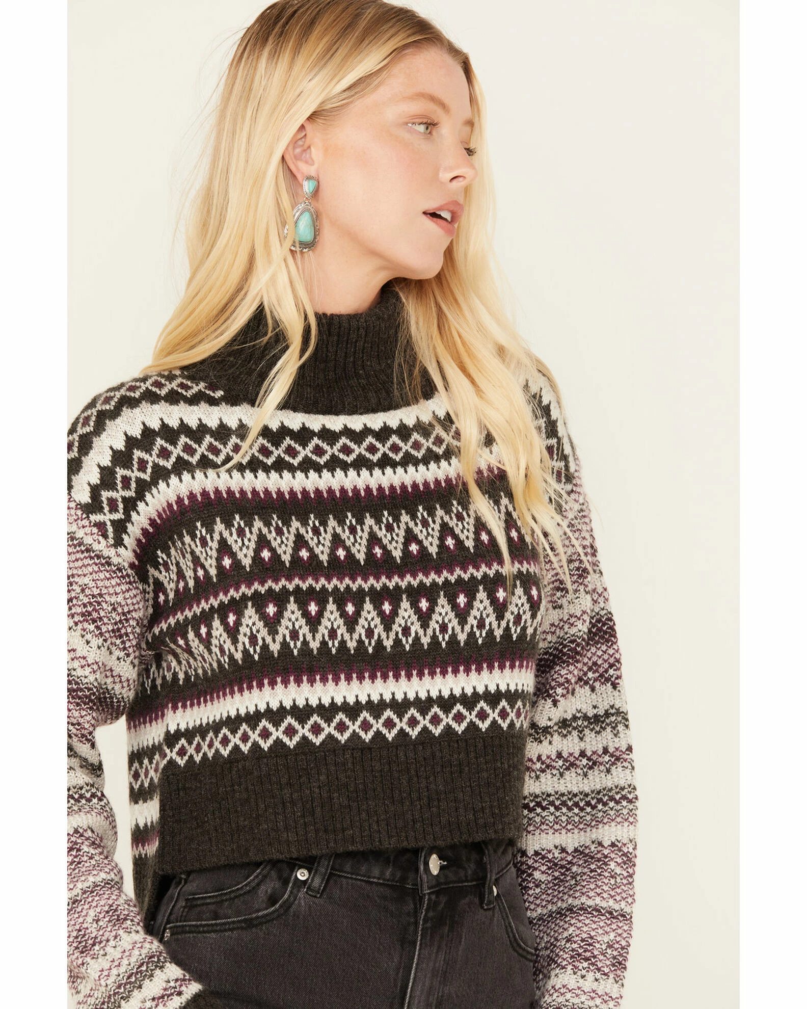 Cleo + Wolf Women's Fair Isle Stripe Knit Cropped Sweater Dark Grey 2 Cleo + Wolf Women's Fair Isle Stripe Knit Cropped Sweater Dark Grey - Image 2