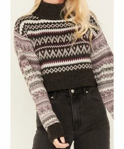 Cleo + Wolf Women's Fair Isle Stripe Knit Cropped Sweater Dark Grey 7 Cleo + Wolf Women's Fair Isle Stripe Knit Cropped Sweater Dark Grey -Cleo & Wolf Shop 2000380777 021 P3