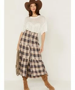 Cleo + Wolf Women's Plaid Print Button Front Maxi Skirt Blush