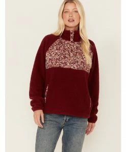 Cleo + Wolf Women's Sherpa Half Button Pullover Sweater Burgundy